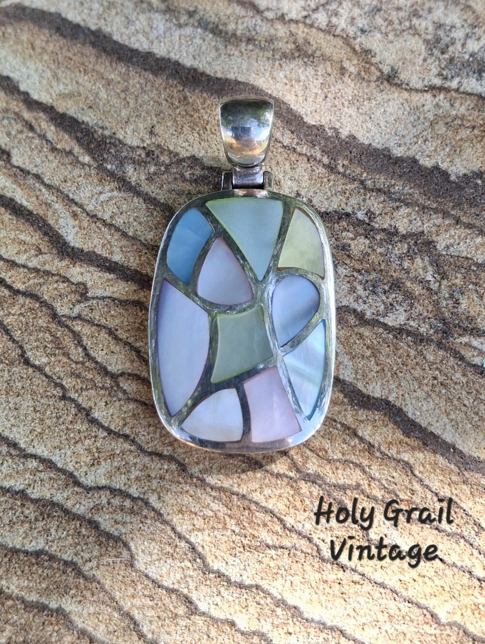 VTG 1980's Stamped Sterling Silver & Multicolor Mother Of Pearl Inlay Pendant
